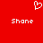 Red background with white pixelated heart symbol above two instances of the text 'Shane' in blocky font.