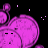 Animated pink cartoon character with multiple rounded shapes, displaying sequential text changes against a black background.