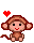 Pixelated monkey with brown fur, black eyes, red mouth, and tail; two red hearts float above its head against a gray background.
