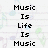 Pixelated text reads "Music Is Life Is Music" in black block letters on a white background with faint pastel pixel patterns.