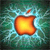 A pixelated orange apple with a bite taken out, centered on a teal and green gradient background with light blue sparkles.