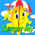 A yellow sun-shaped character with blue eyes and a red-and-white striped umbrella holds green text reading 'Summer Day' against a blue background with white clouds.
