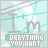 Pixelated icon with light blue background showing stylized 'I' and 'M' letters above text reading "EVERYTHING YOU WANT" in gray block letters.