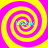 Four identical spiral patterns with alternating yellow and magenta rings, each containing cyan text reading "Look" at the center.