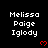 Black background with white text reading "Melissa Paige Igloody" and red pixelated hearts, arranged in a pattern
