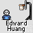 Pixelated cartoon character in blue shirt and white head performs basketball actions under hoop with orange backboard, text "Edward Huang" below.