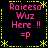 Pixelated text and symbols in pink and yellow on black background with four identical arranged in a