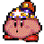Pixelated character with pink body, red shorts, and crown-like headpiece; two distinct explosion effects and a stone statue in adjacent