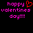 Pixelated text reads 'happy valentines day!!!!' in bright pink with a red heart symbol replacing the 'o' in 'happy', displayed on black background.