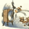 Animated cartoon of a musician playing guitar next to an old-fashioned radio with stars and musical notes floating around.