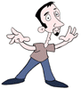 Cartoon character with exaggerated features in two poses: standing wide-legged and crouching, both arms raised with open palms.