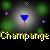 Pixelated image of a wine glass with blue liquid, surrounded by colored dots and text reading "Champange" in yellow block letters.