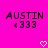 Pixelated text and symbols on a bright pink background with two identical static frames showing 'AUSTIN' above '<333' and white heart icons below.
