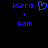 Blue pixelated text and symbols on black background: 'kiera' above '+' symbol, then 'liam', with a blue heart icon to the right of 'kiera'.