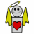 Pixelated angel figure with yellow wings, halo, and red heart on chest in four sequential poses.