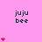 Pink background with dark green text 'juju bee' repeated across the image, accompanied by red heart symbols in varying quantities and positions.