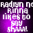 Pixelated text on a purple gradient background with white lettering, displaying 'Radyin n Rina likes to say shaaa!' in four repeated