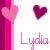 Pixelated icon with pink and magenta hearts, a vertical gradient bar, and the name 'Lydia' in stylized script.