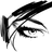 Black and white pixelated icon with abstract flowing shapes resembling stylized leaves or feathers on a white background.