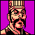 Pixel art portrait of a character with striped headwear, glasses, and facial hair against a solid purple background.