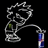 A silver robotic figure with green eyes holds a blue and purple striped tube, its arm moving from left to right