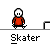 Pixelated skater character in red shirt and black pants performing various skateboarding actions on gray background with white text "Skater" below each pose.