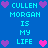 Blue background with cyan text reading "CULLEN MORGAN IS MY LIFE" repeated twice, surrounded by purple and pink pixelated hearts.