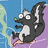 Animated pixel art of a cartoon skunk in purple chair against blue background, with four distinct poses showing movement