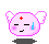 Pixelated pink spherical character with white wings, red cross on forehead, blue tear drop, and black mouth in four variations showing wing position changes.