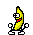 Pixel art contact sheet of eight banana-shaped cartoon characters in various poses with white gloves, black limbs, and red mouths on a gray background.