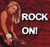 Pixelated image of a woman with long blonde hair in a red sleeveless top against a dark red background, with 'ROCK ON!' text.