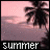 Two side-by-side animated frames show a palm tree silhouette against a pinkish sky and water, with the word 'summer' in pixelated text below.