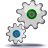 Two interlocking gear icons with central circular hubs, one green and one blue, on a light gray background.