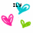 Pixelated heart-shaped icons in cyan, pink, and green with text overlays reading ILY, SO FREAKIN MUCH!!!, and A.A.F. on white background.