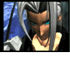 Animated sequence of a character with silver hair and blue eyes in a dark outfit with light shoulder armor against a blue background.