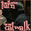 Animated sequence showing a person with long dark hair in a black turtleneck, surrounded by text reading "turn" and "on the catwalk" on pink background.
