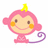 Pixelated pink monkey with yellow crown, orange cheeks, brown eyes, purple tail, and smiling expression on white background.