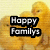 Four of pixelated yellow chicks with text overlays; top-left reads "Happy Familys," top-right reads "NOT," bottom-left reads "Happy Meals," bottom-right is empty