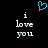 Pixelated blue heart symbol above two identical white text blocks reading 'i love you' on black background.