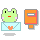 Pixelated green frog with pink cheeks and red mouth holds light blue envelope containing orange heart, next to orange mailbox.