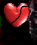 Red heart-shaped icon with black crack and dripping red pixel, set against dark background.