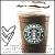 Pixelated static image showing a brown paper cup with dark liquid, green circular logo on front, and white lid; left side has abstract gray pixel art resembling a heart or winged shape.
