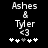 Pixelated text displays 'Ashes & Tyler <3' with five heart symbols below, two versions differ in heart coloration.