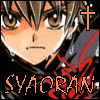 Anime-style character face with brown hair and brown eyes, wearing dark clothing with red accents, two crosses above head, text below.