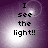 Pixelated text "I see the light!!" on a purple gradient background with shifting white circular highlights.