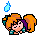 Pixel art character with orange pigtails and purple hair ties, wearing teal clothing, shown in multiple poses with blue flame icons above.