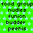 Green background with light blue stars and repeated text in black pixelated font across three