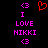 Pixelated text and symbols on black background: pink '<3' symbols, 'I', 'LOVE', 'NIKKI', and a red heart symbol.
