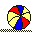 Six circular pixelated icons with yellow, red, and blue segments arranged in a radial pattern on a gray background.