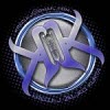 Static circular icon with blue and purple star-like shape over metallic background inside concentric rings on black backdrop.